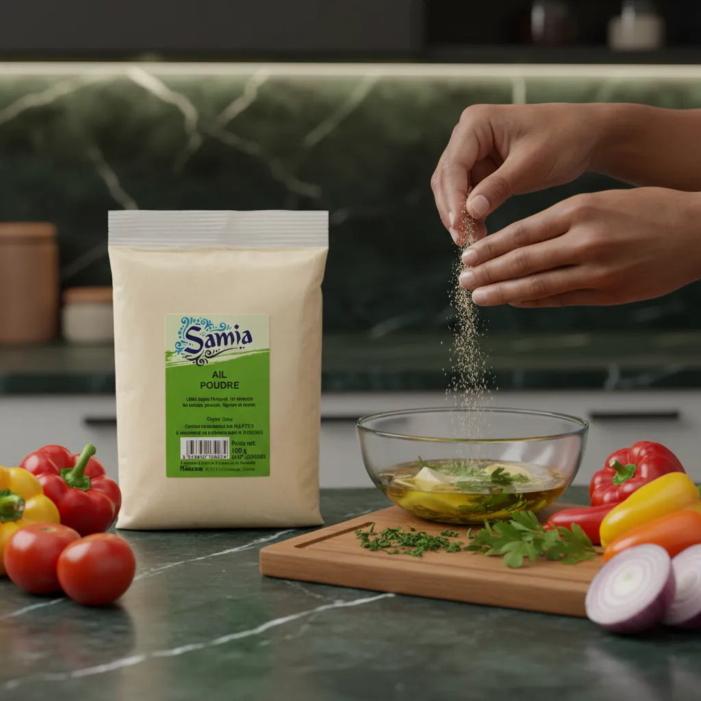 Préparation culinaire avec ail en poudre SAMIA - Rehaussez vos plats avec intensité, herbes et légumes frais pour cuisine aromatique.