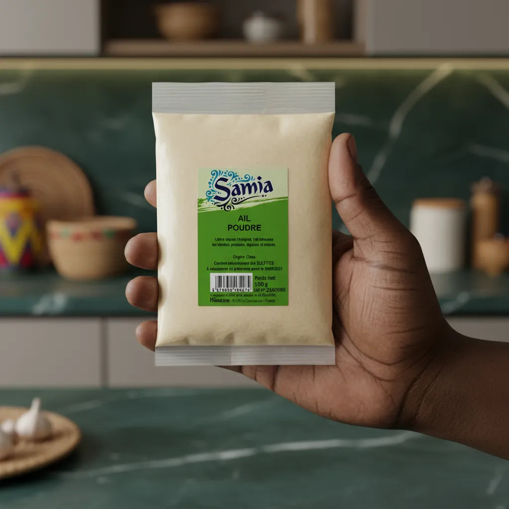 Main tenant un sachet d'ail en poudre SAMIA - Rehaussez vos plats avec intensité, condiment essentiel pour épicerie salée et plats variés.