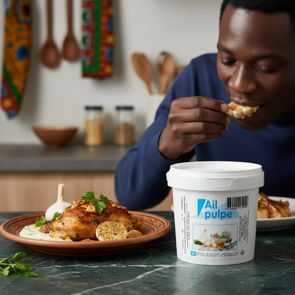 Homme dégustant un plat cuisiné avec la pulpe d'ail SOKOD'AIL - Cuisine | Ingrédient Savoureux, parfaite pour relever les recettes maison.