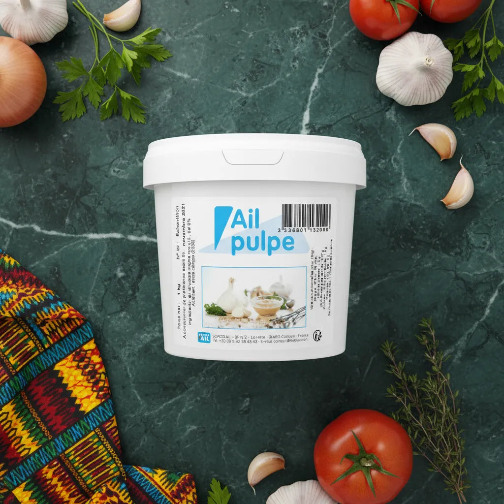 Pulpe d'ail SOKOD'AIL posée sur un plan de travail avec légumes frais - Cuisine | Ingrédient Savoureux, produit d'épicerie salée essentiel.