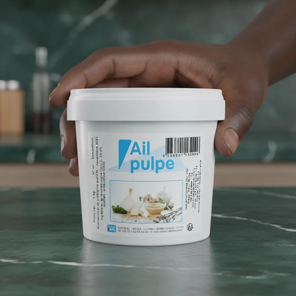 Main tenant un pot de pulpe d'ail SOKOD'AIL - Cuisine | Ingrédient Savoureux, pratique pour assaisonner plats mijotés et sauces.