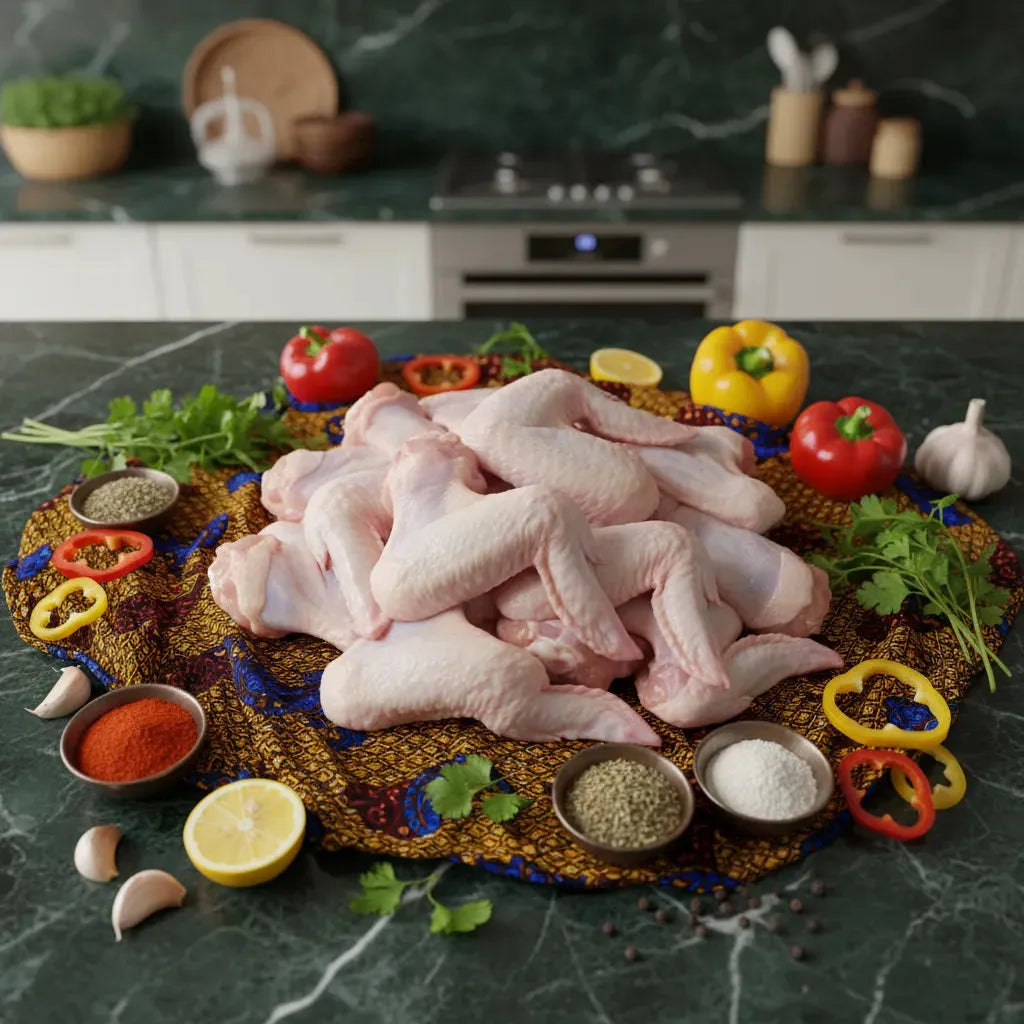 Ailes de Poulet Nature - Goût Authentique | Surgelé, présentées en grande quantité sur un plateau décoratif avec légumes et épices, prêtes à cuisiner.