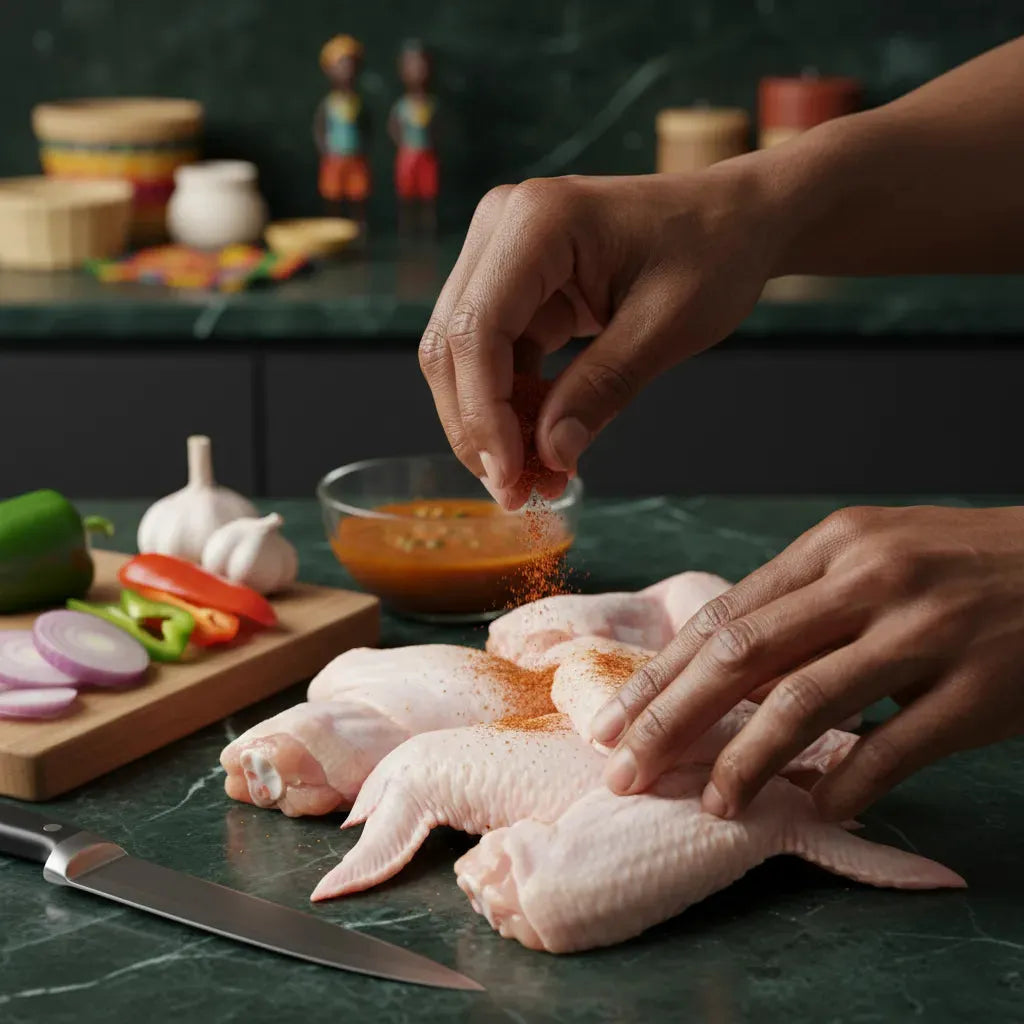 Ailes de Poulet Nature - Goût Authentique | Surgelé, assaisonnées à la main avec des épices, accompagnées de légumes frais sur plan de travail.