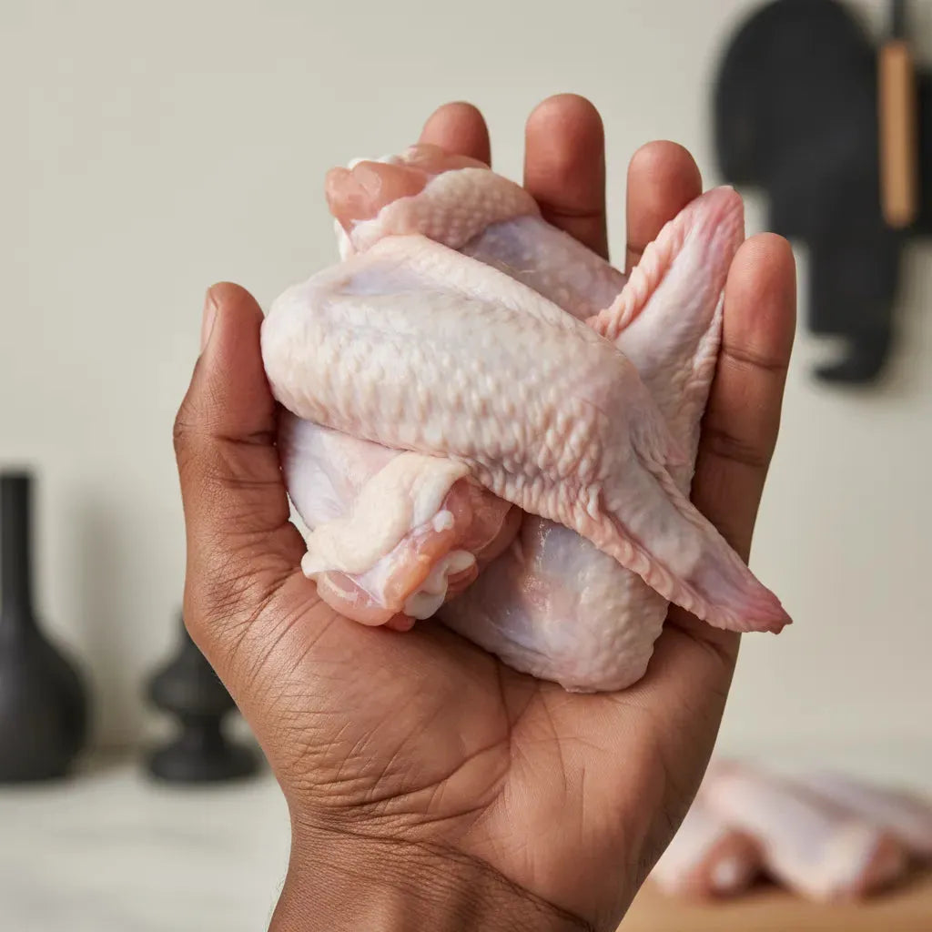 Ailes de Poulet Nature - Goût Authentique | Surgelé, tenues dans une main pour montrer leur fraîcheur et texture, parfaites pour cuisson maison.