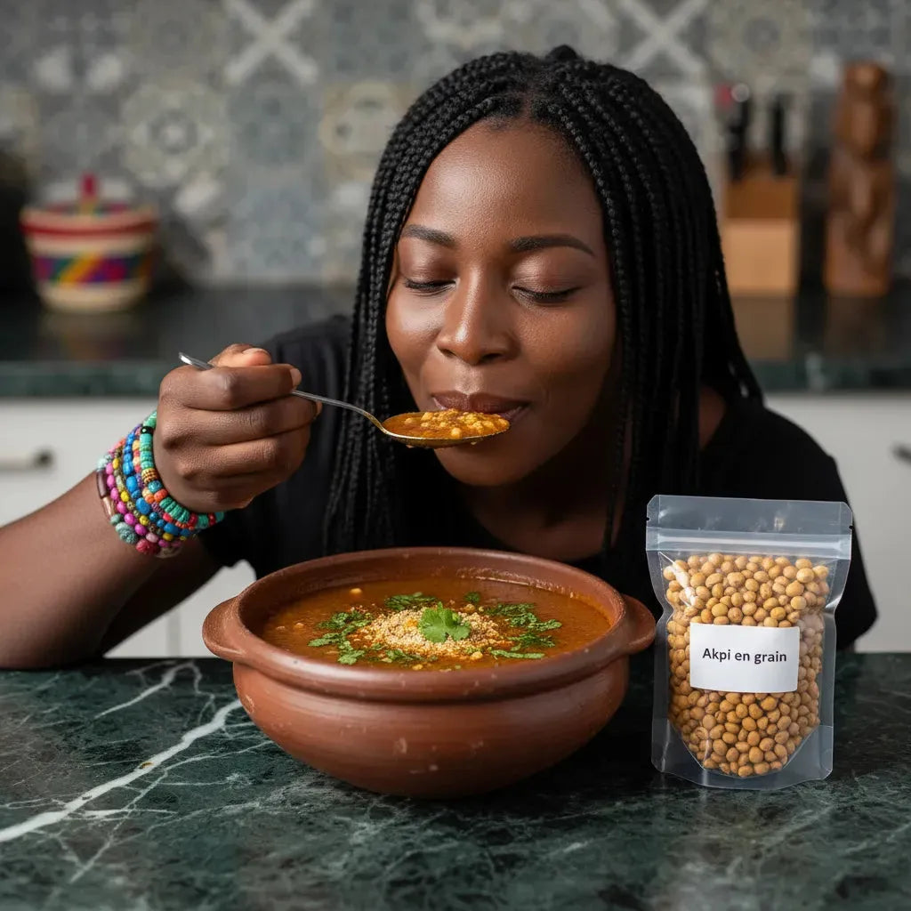 Femme dégustant un plat africain à base d'Akpi en grain, super aliment aux vertus santé. Idéal pour enrichir vos recettes traditionnelles.
