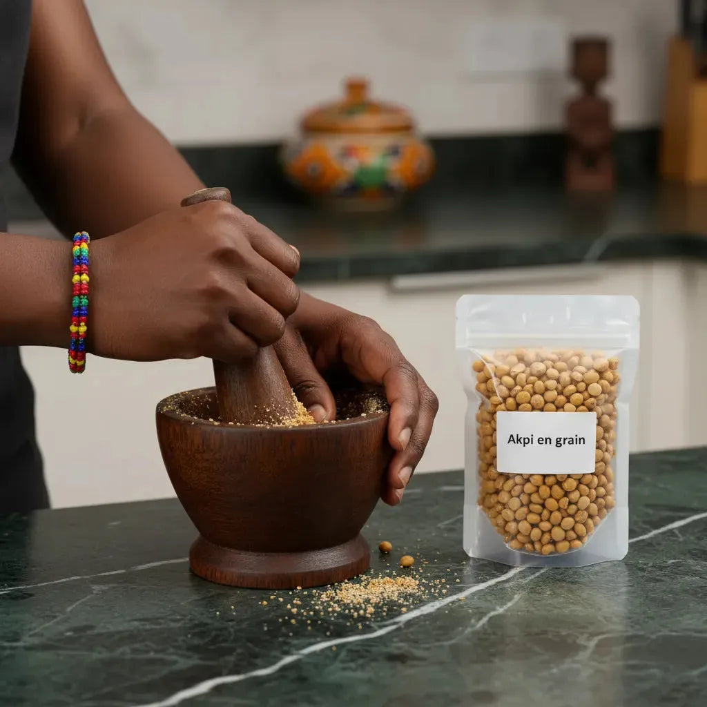 Préparation d'Akpi en grain dans un mortier en bois, ingrédient essentiel de la cuisine africaine. Source naturelle de bienfaits digestifs.