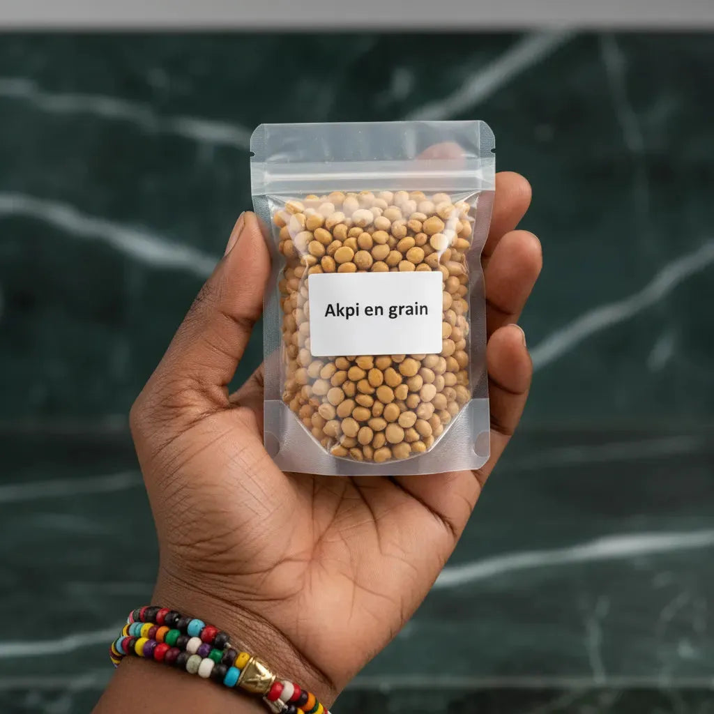 Main tenant un sachet d'Akpi en grain, ingrédient africain aux bienfaits nutritionnels. Parfait pour recettes santé et digestion.