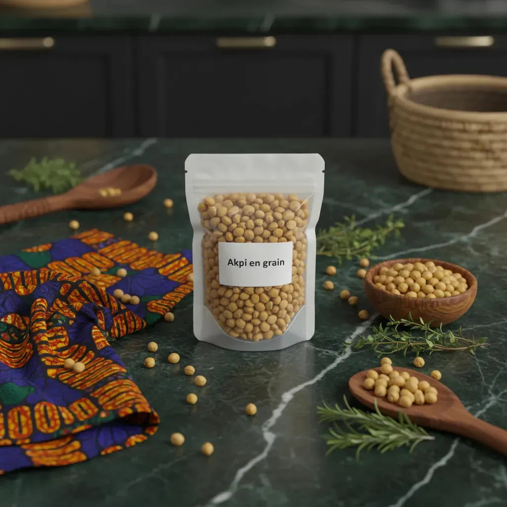 Sachet d'Akpi en grain posé sur un plan de travail avec accessoires de cuisine africaine. Épice naturelle pour bien-être et nutrition.