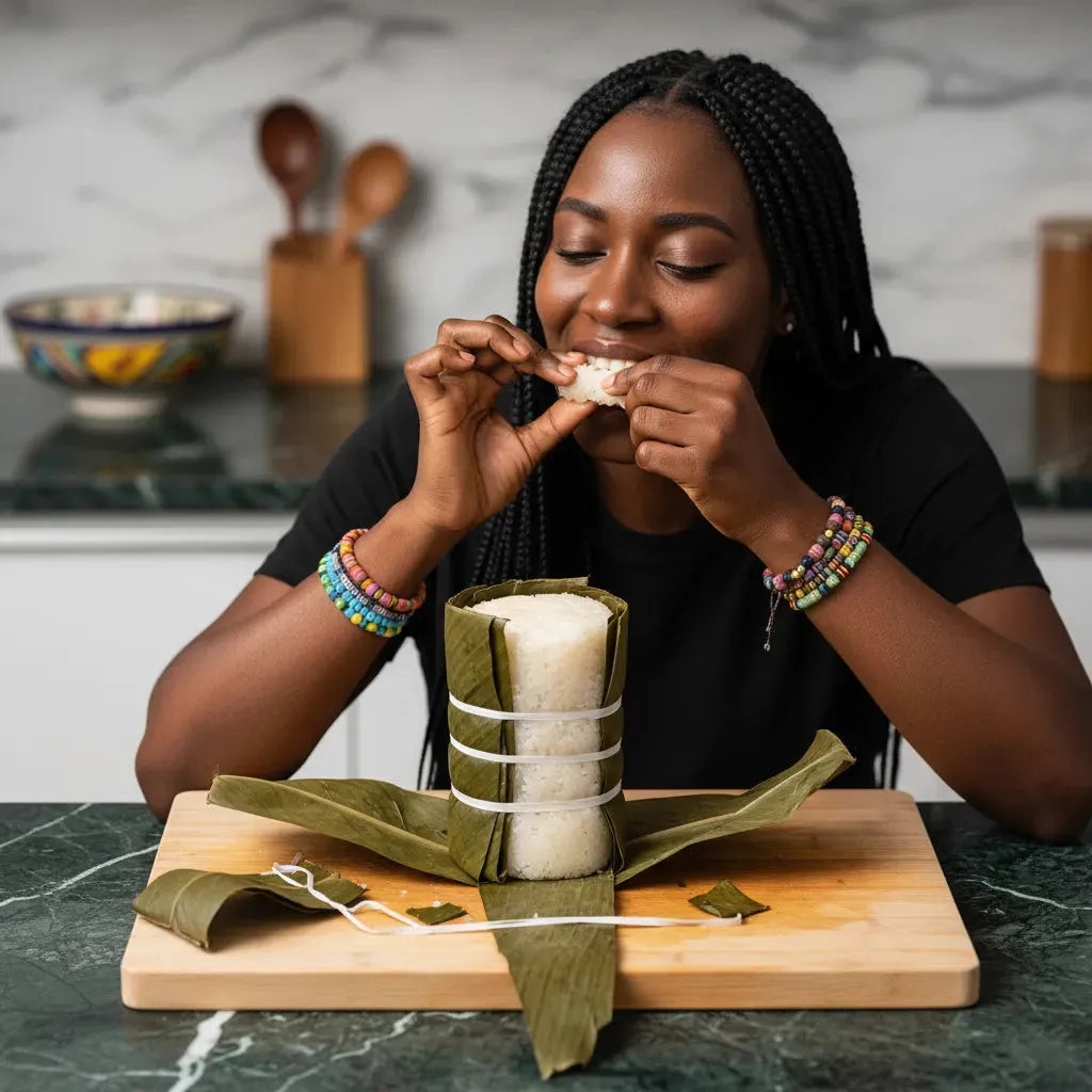 Femme dégustant de la Kwanga, pâte de manioc frais à la texture dense, servie dans son emballage traditionnel pour un goût authentique.