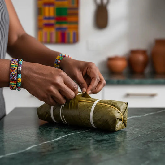 Préparation de la Kwanga sur un plan de travail, pâte de manioc frais enroulée dans des feuilles naturelles, parfaite pour plats traditionnels.