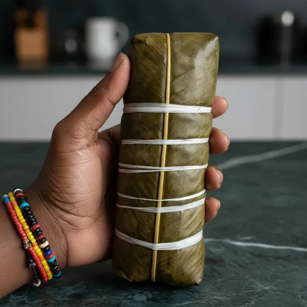 Pâte de manioc Kwanga tenue à la main, montrant son emballage traditionnel en feuilles de bananier pour une saveur authentique.