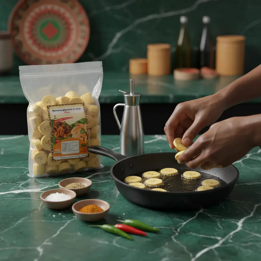 Préparation des bananes plantains Alloco dans une poêle, tranches surgelées prêtes à frire pour un plat croustillant et moelleux.