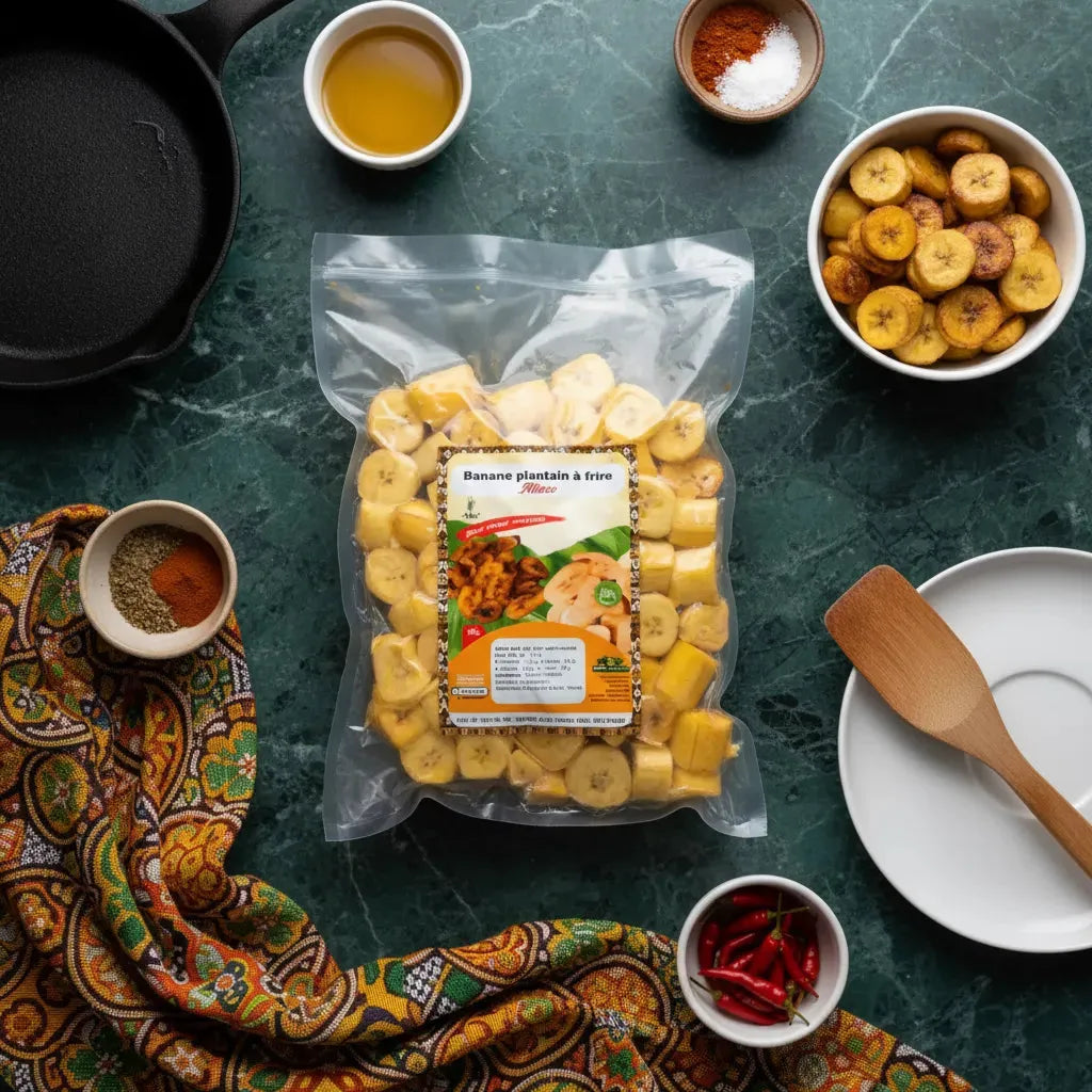 Sachet de bananes plantains à frire Alloco sur une table avec ingrédients, prêt à cuisiner pour un repas aux saveurs tropicales.