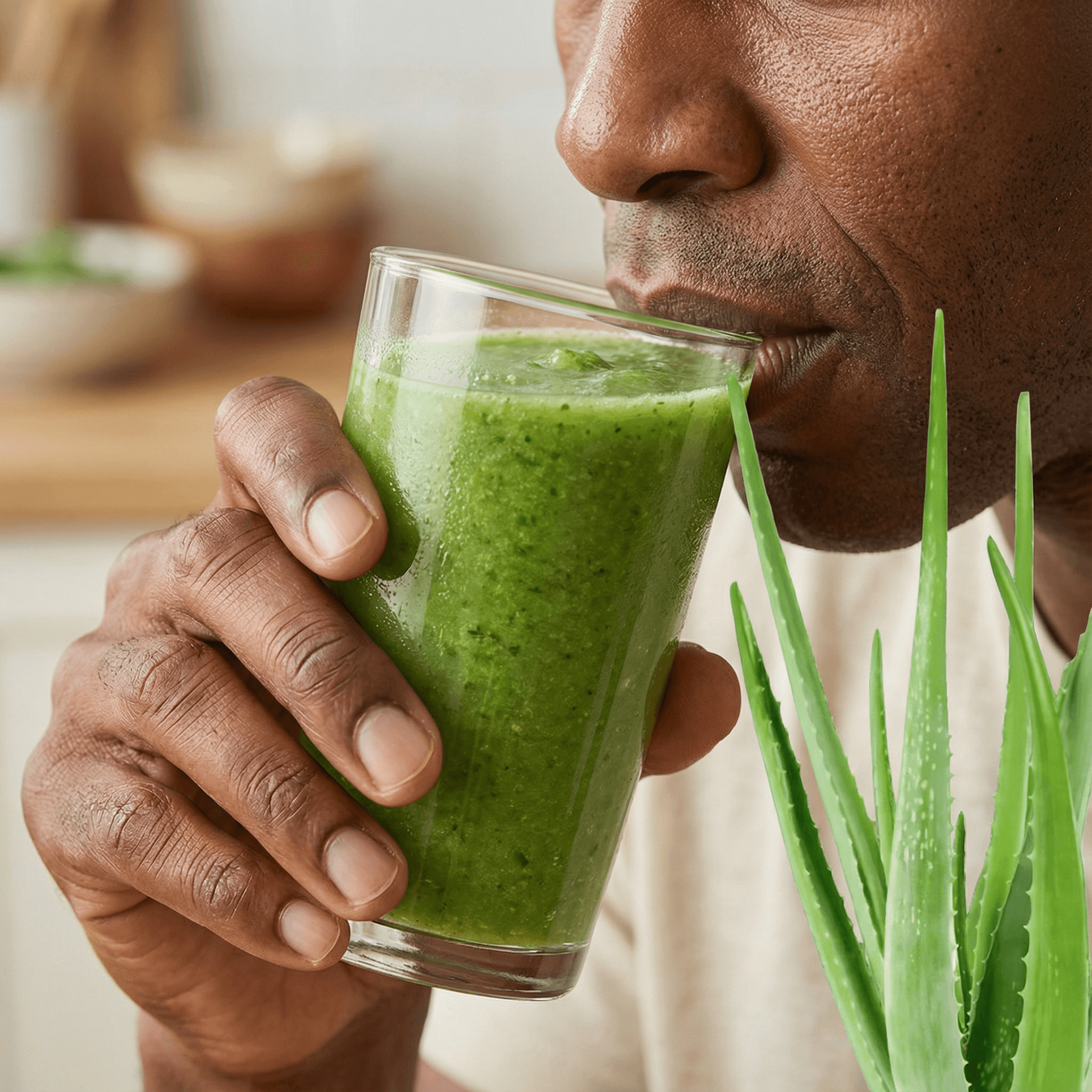 Homme buvant un smoothie vert à côté d’une plante d’aloe vera. Le Jus Aloe Vera GRACE apporte hydratation et énergie naturelle au quotidien.