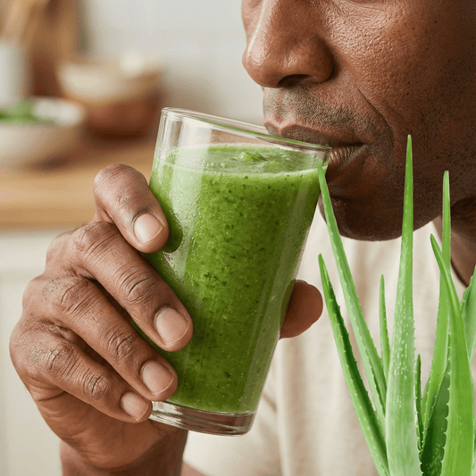 Homme buvant un smoothie vert à côté d’une plante d’aloe vera. Le Jus Aloe Vera GRACE apporte hydratation et énergie naturelle au quotidien.