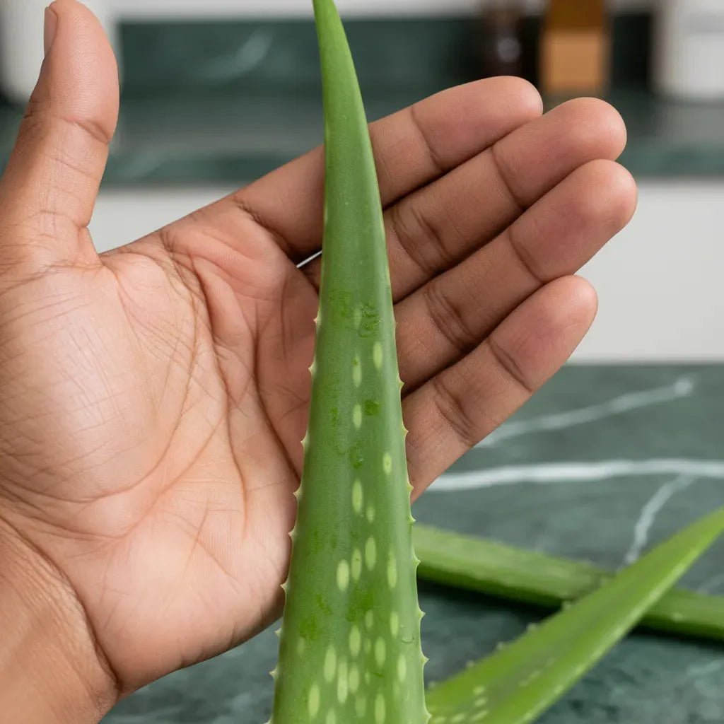 Main tenant une feuille d'Aloe Vera fraîche, montrant la texture naturelle du gel Aloe Vera - Bienfaits Aloe et propriétés nutritionnelles.