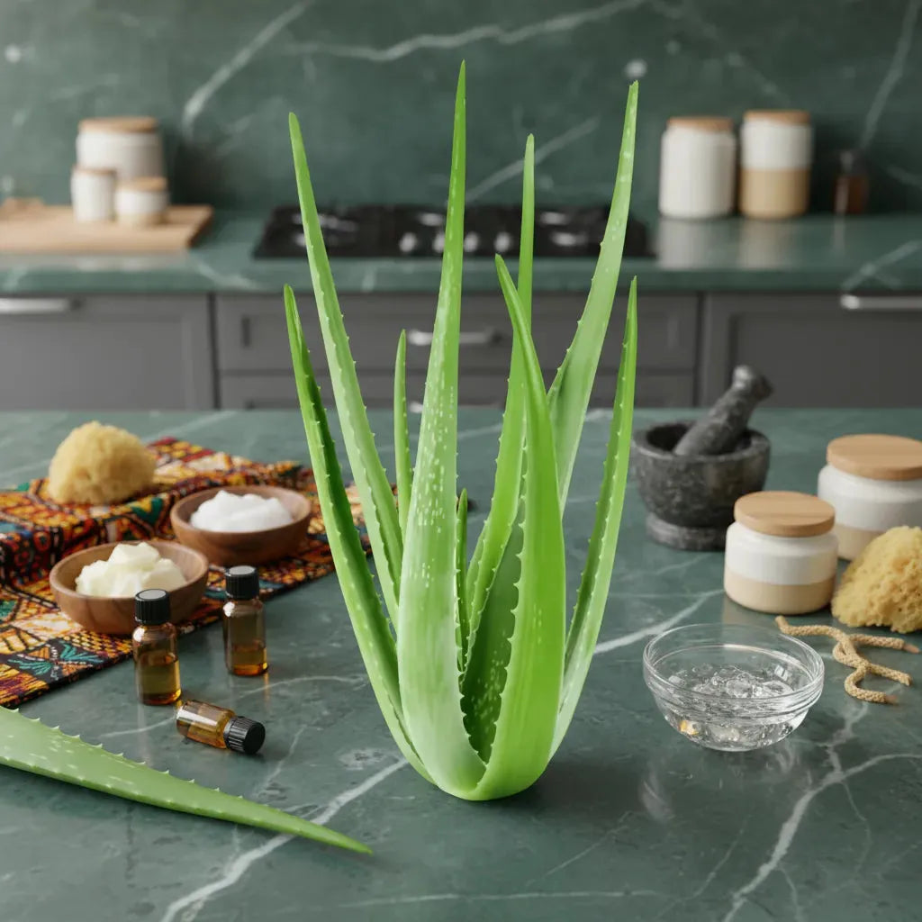 Plante d'Aloe Vera posée sur un plan de travail de cuisine avec ingrédients naturels, illustrant son usage culinaire et ses bienfaits nutritionnels.
