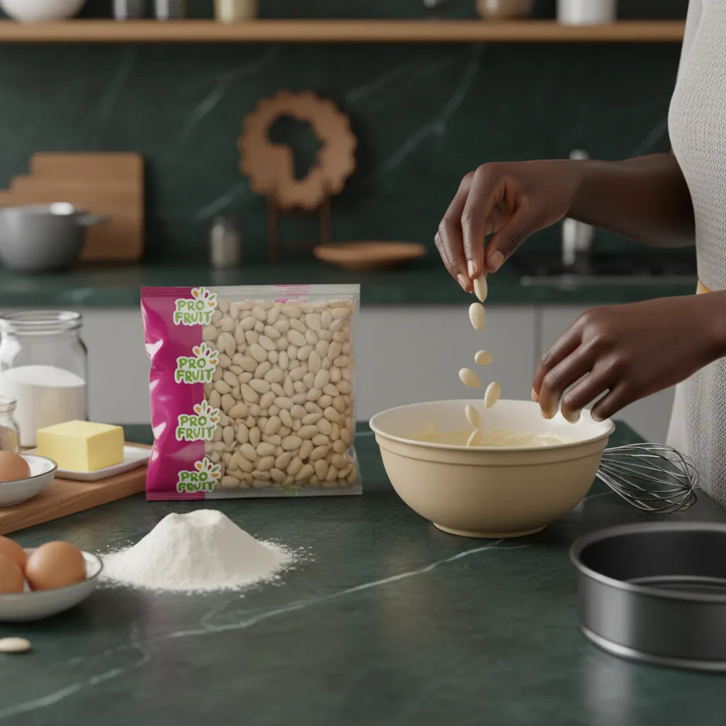 Préparation de pâte avec amandes blanchies entières PROFRUIT sur plan de travail. Ingrédient idéal pour pâtisserie maison et desserts.