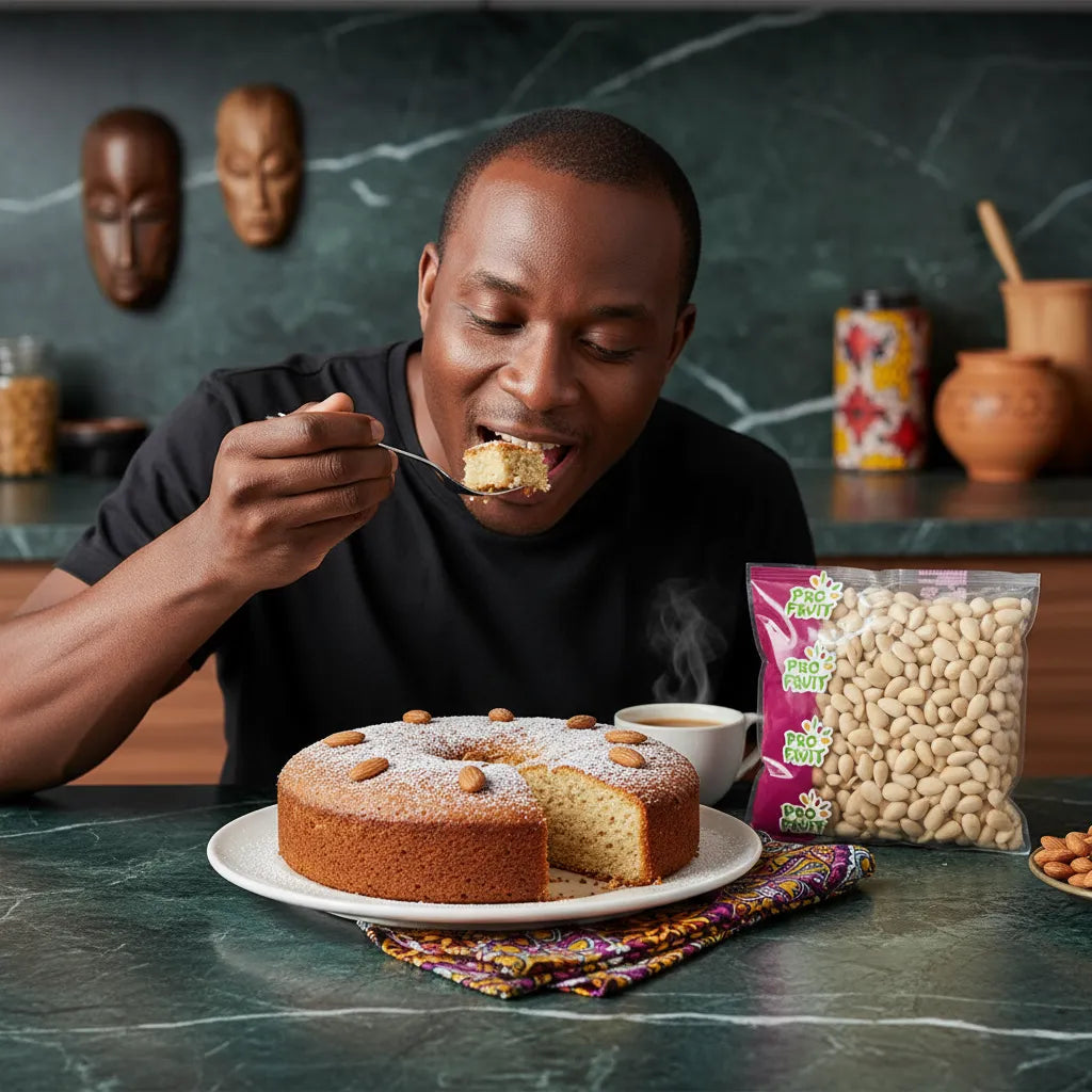 Homme dégustant un gâteau aux amandes avec sachet d'amandes blanchies entières PROFRUIT en arrière-plan. Parfait pour recettes sucrées maison.