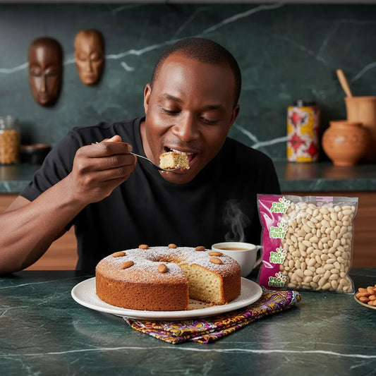 Homme dégustant un gâteau aux amandes avec sachet d'amandes blanchies entières PROFRUIT en arrière-plan. Parfait pour recettes sucrées maison.