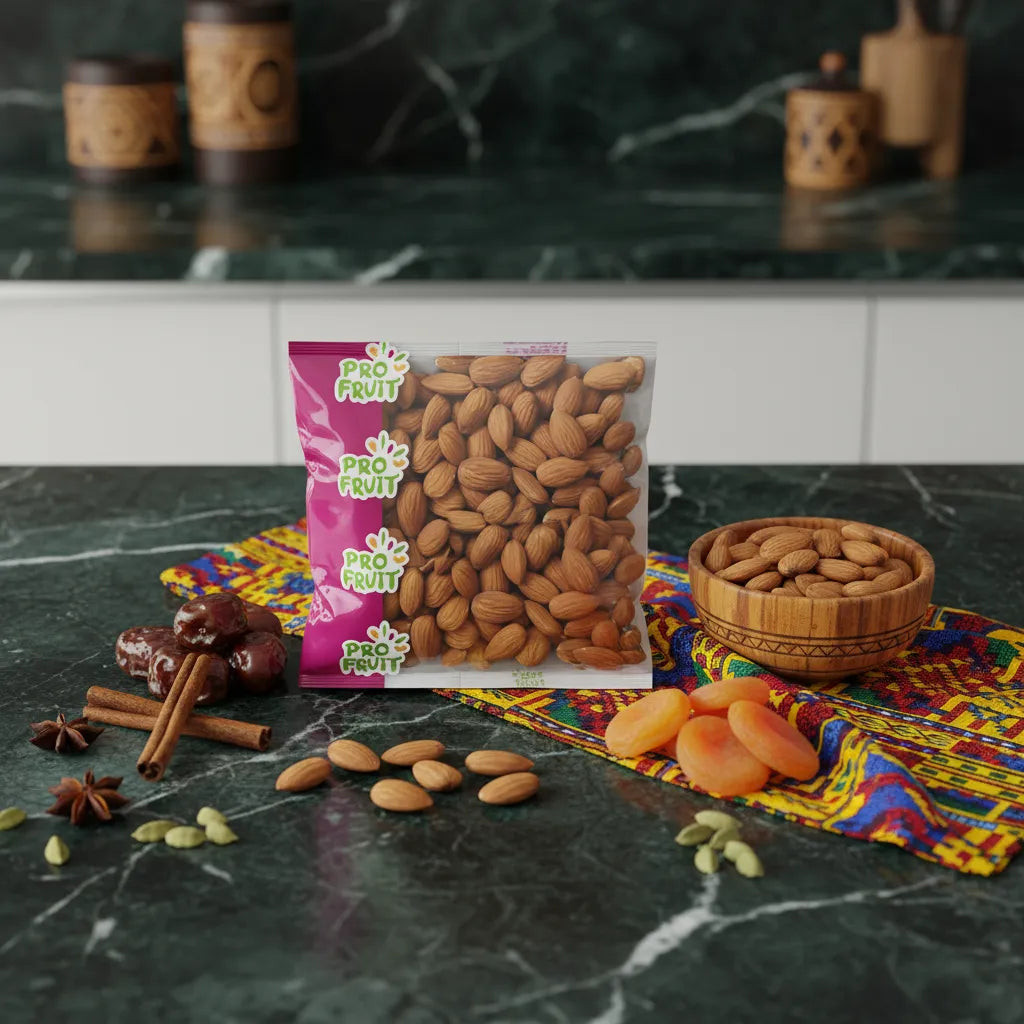 Sachet d’amandes grillées salées PROFRUIT posé sur table avec fruits secs et épices, idéal pour recettes sucrées ou apéritifs sains.