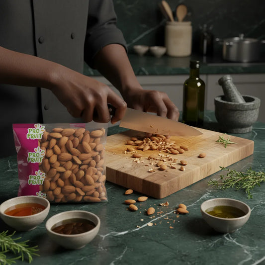 Préparation culinaire avec amandes grillées salées PROFRUIT sur planche à découper, parfaites pour une pause gourmande ou vos plats maison.