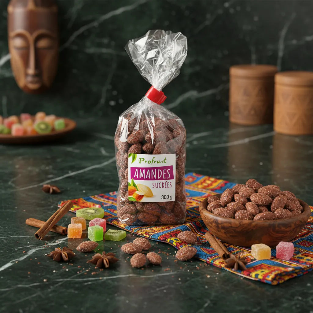 Sachet d'amandes sucrées PROFRUIT 300g posé sur une table avec épices et bonbons, collation croquante pour garniture ou en-cas.