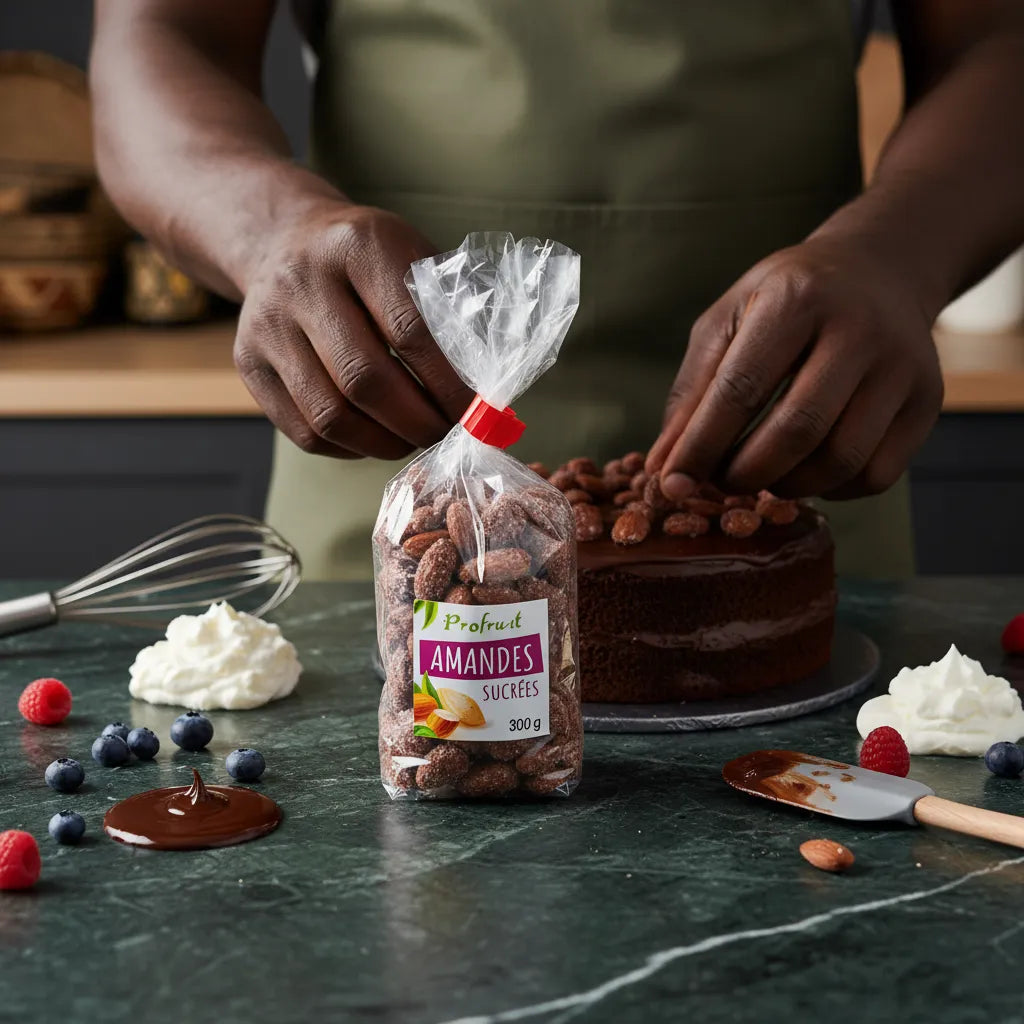 Préparation d’un gâteau au chocolat décoré avec les amandes sucrées PROFRUIT, collation croquante à la saveur douce.