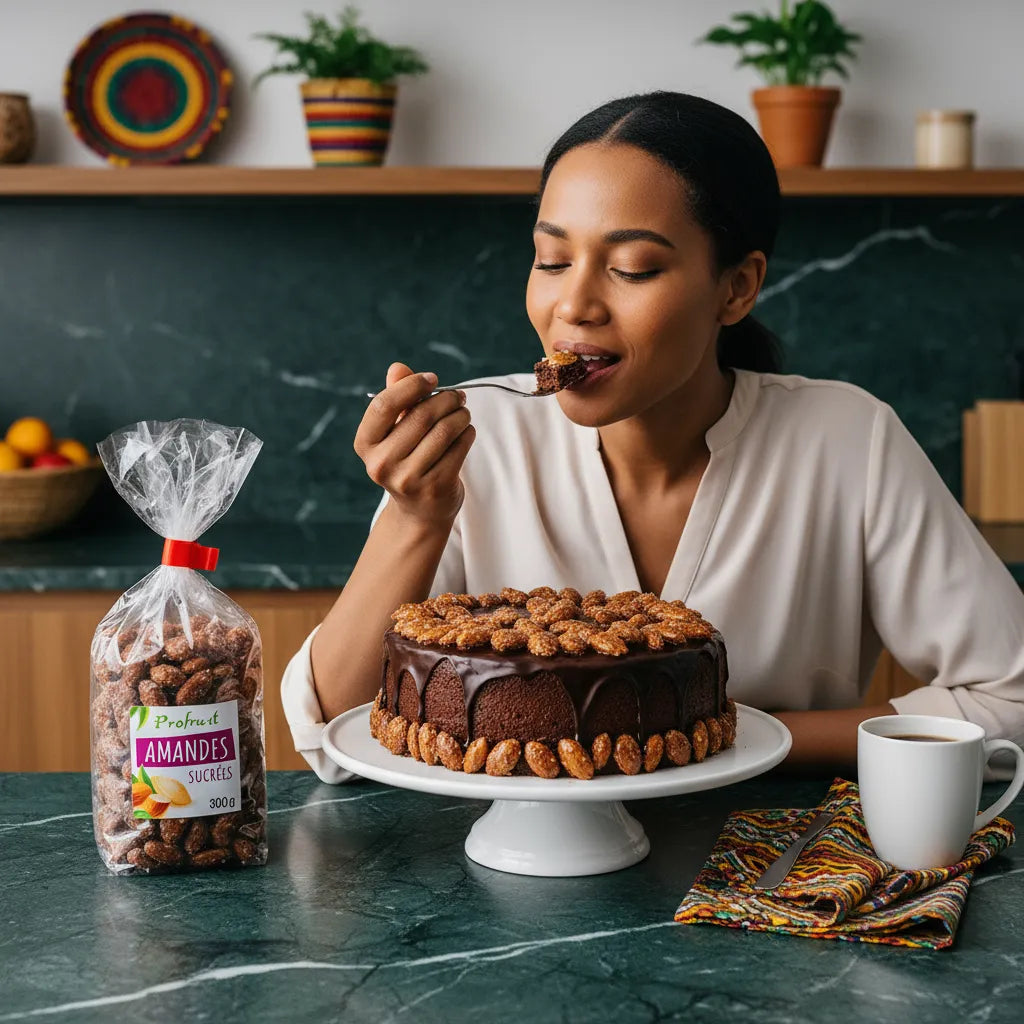 Femme dégustant un gâteau au chocolat décoré d'amandes sucrées PROFRUIT, collation croquante parfaite pour la pâtisserie maison.