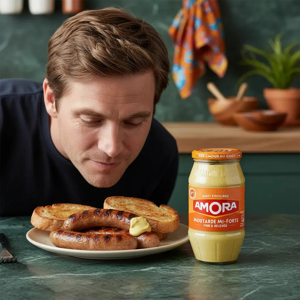 Homme appréciant des saucisses grillées avec Moutarde mi-forte AMORA, condiment parfait pour viandes et grillades.