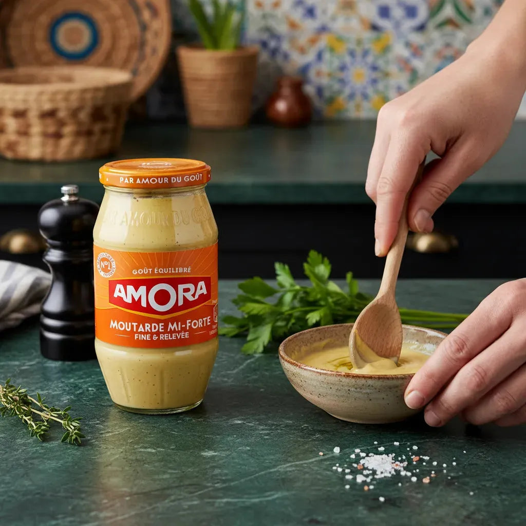 Préparation d'une sauce avec Moutarde mi-forte AMORA dans une cuisine, condiment onctueux pour recettes maison.