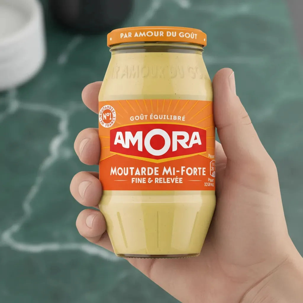 Main tenant un pot de Moutarde mi-forte AMORA, condiment au goût riche et texture fine pour épicerie salée.