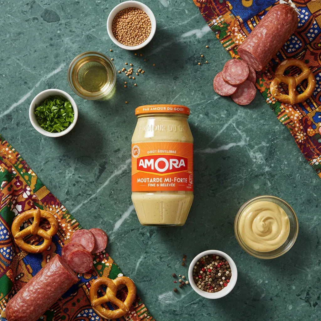 Moutarde mi-forte AMORA posée sur table avec saucisson, graines de moutarde et herbes, idéale pour rehausser vos plats salés.