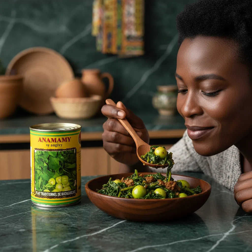 Femme dégustant un plat préparé avec Anamamy Angivy CODAL, conserve authentique malgache aux saveurs naturelles et légumes en boîte.