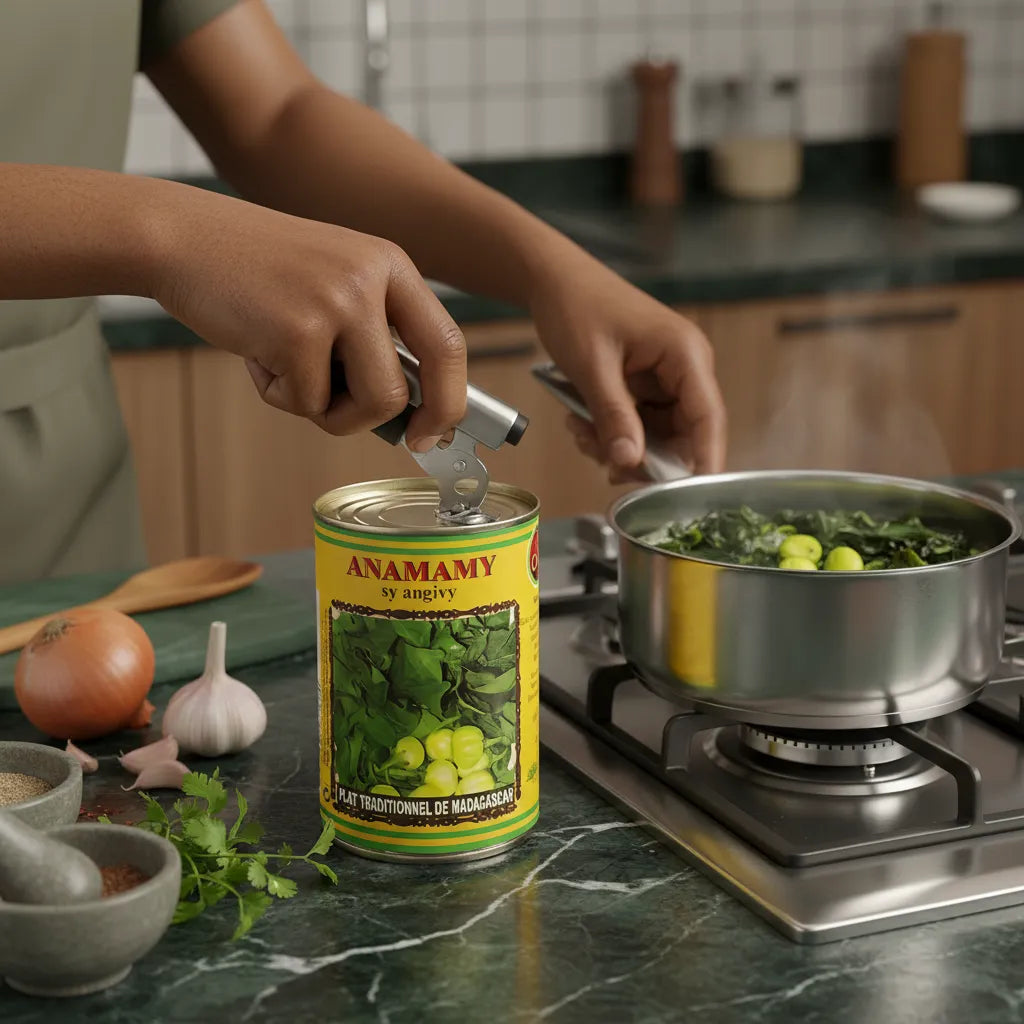 Ouverture d'une boîte Anamamy sy angivy CODAL au-dessus d'une casserole, préparation facile de légumes malgaches en conserve authentique.
