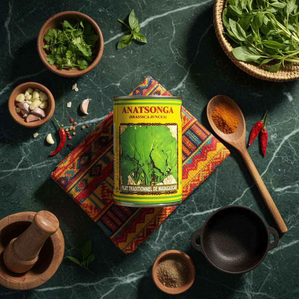 Boîte Anatsonga CODAL entourée d'ingrédients frais, idéale pour plats traditionnels malgaches, conserve de légumes prête à cuisiner.