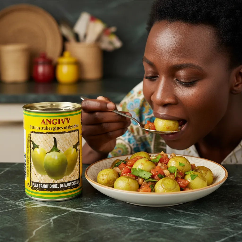 Dégustation d'un plat cuisiné à base d'Angivy Naturel CODAL, aubergines malgaches savoureuses, riches en goût et en tradition.