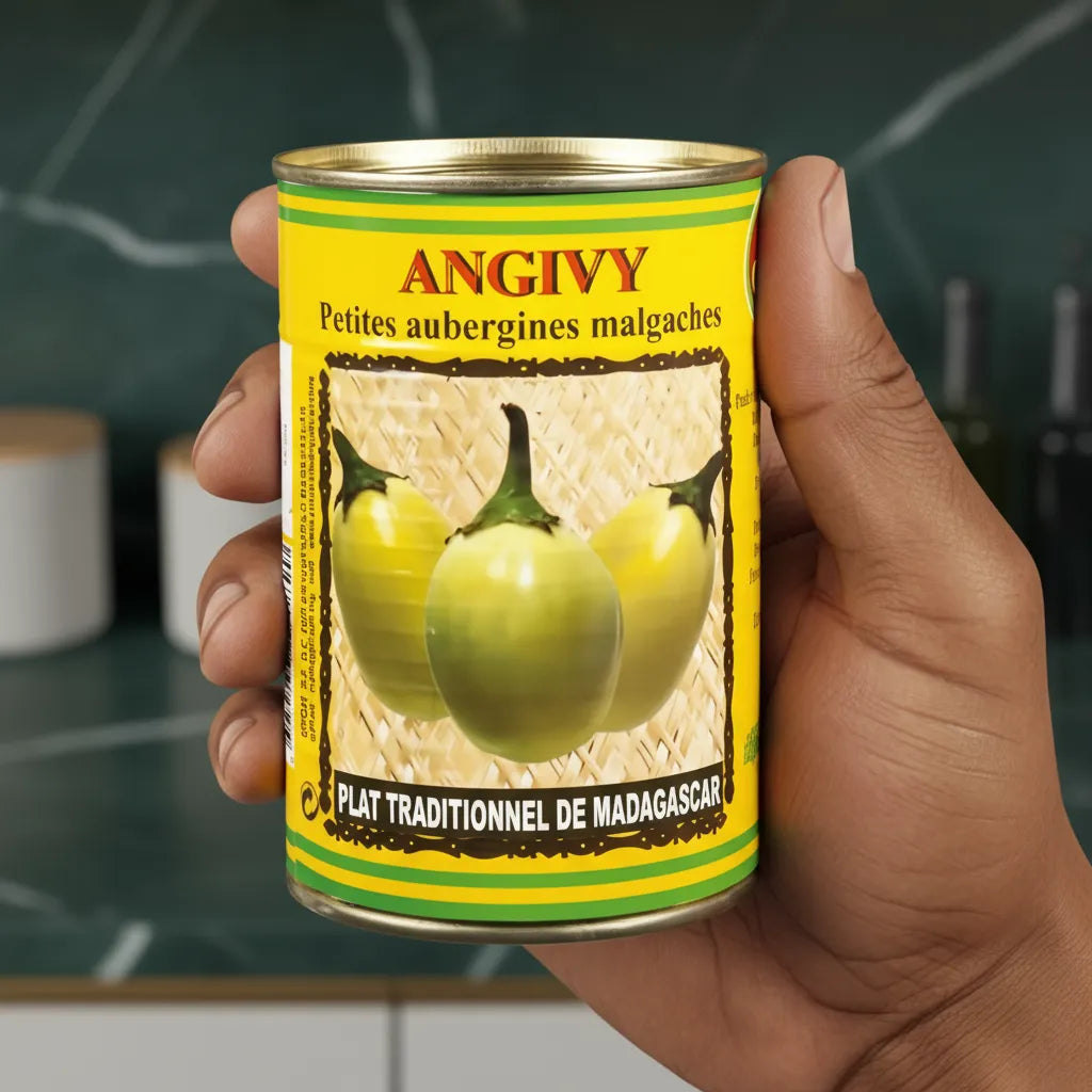 Main tenant une boîte d'Angivy Naturel CODAL, aubergines malgaches en conserve, produit d'épicerie salée prêt à l'emploi.