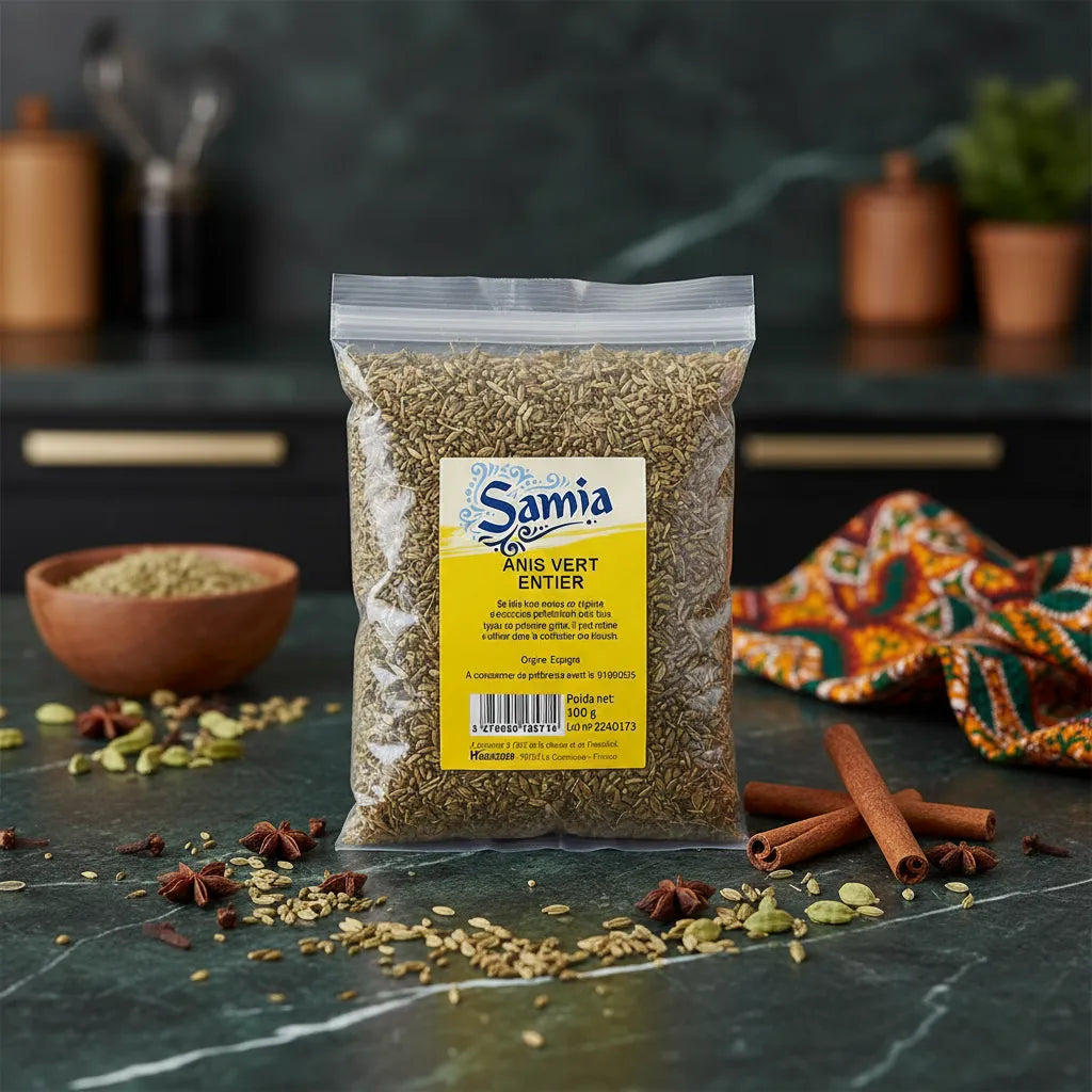 Sachet d'anis vert entier SAMIA posé sur plan de travail avec épices, parfait pour recettes salées ou infusions naturelles.