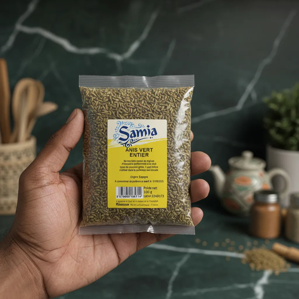 Main tenant un sachet d'anis vert entier SAMIA, épice naturelle pour cuisine et infusion, issu de l'épicerie salée.