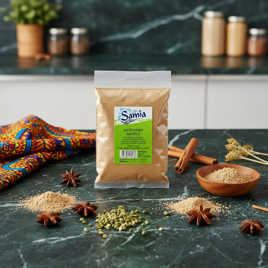 Sachet d’anis vert moulu SAMIA sur plan de travail avec épices, parfait pour enrichir les plats avec une saveur douce et anisée.