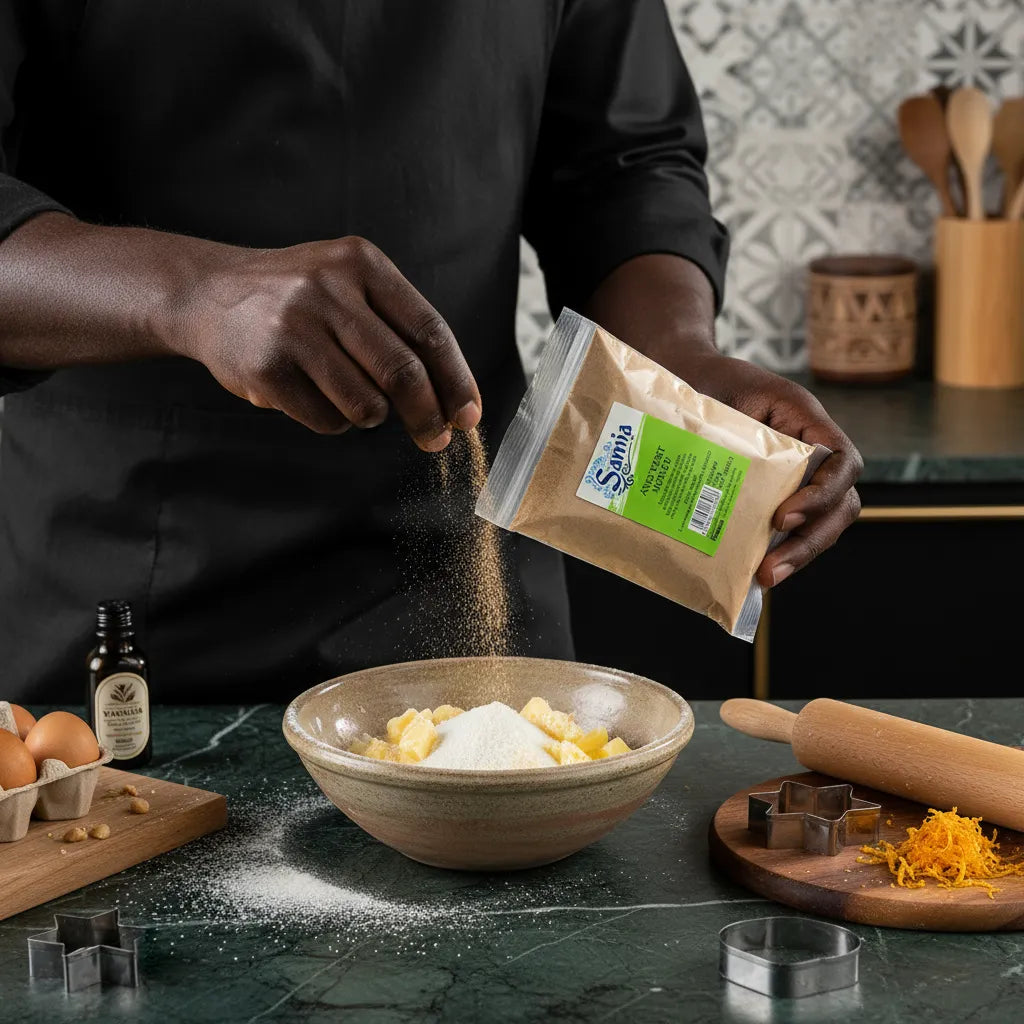 Préparation culinaire avec anis vert moulu SAMIA, épice fine versée dans un bol de pâte, idéale pour recettes sucrées et salées.