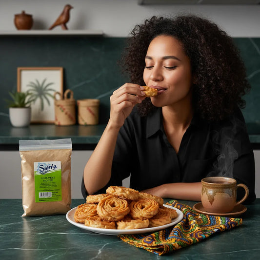 Femme dégustant des pâtisseries parfumées à l’anis vert moulu SAMIA, épice fine aux arômes doux, parfaite pour l’épicerie salée.