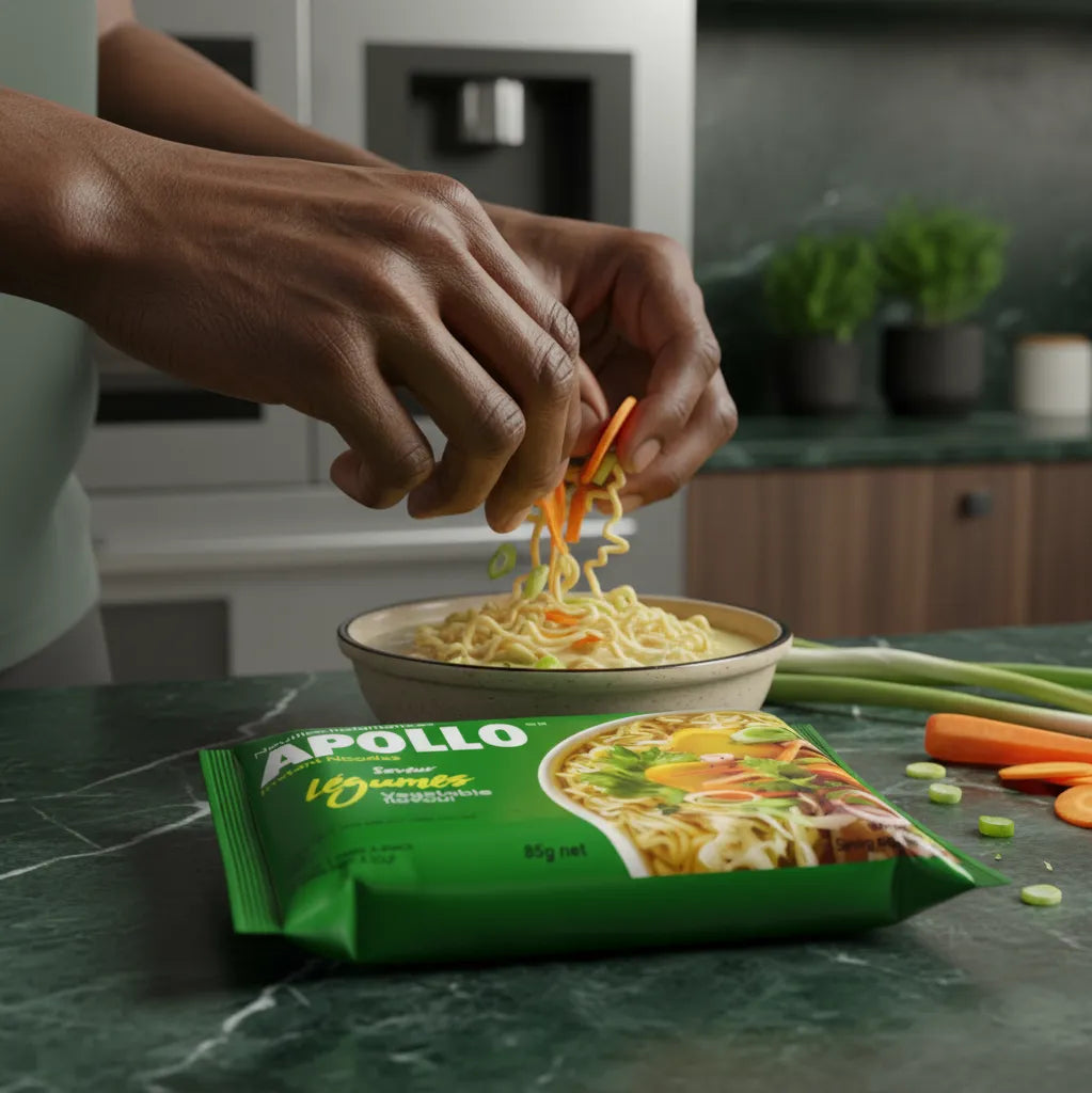 Préparation de nouilles légumes APOLLO avec ajout de légumes frais, solution rapide et gourmande en épicerie salée.
