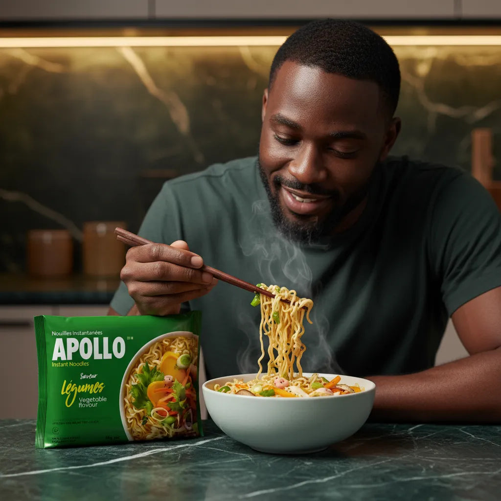 Homme dégustant un bol de nouilles légumes APOLLO, parfaites pour des repas rapides et savoureux dans la catégorie épicerie salée.