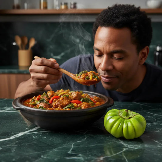 Jakato - Aubergine verte africaine à côté d’un plat africain fumant, soulignant son rôle clé dans la cuisine traditionnelle.
