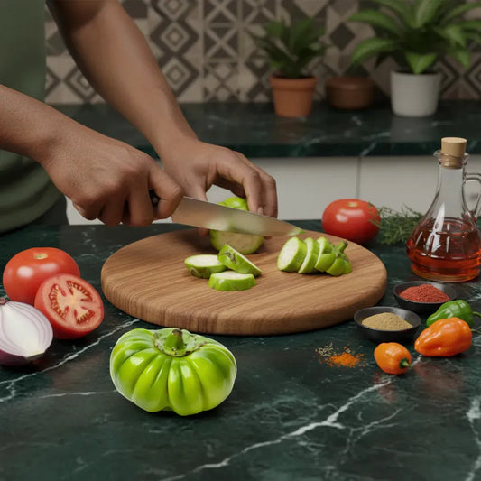 Jakato - Aubergine verte africaine en cours de découpe sur planche en bois, légume frais prêt à être cuisiné avec épices et tomates.