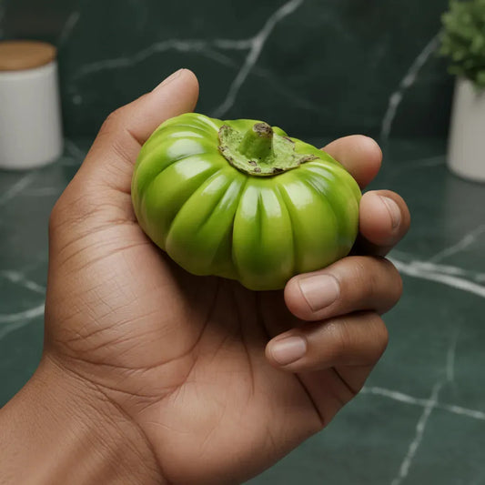 Jakato - Aubergine verte africaine tenue en main, montrant sa taille compacte et sa texture ferme, parfaite pour la cuisine maison.