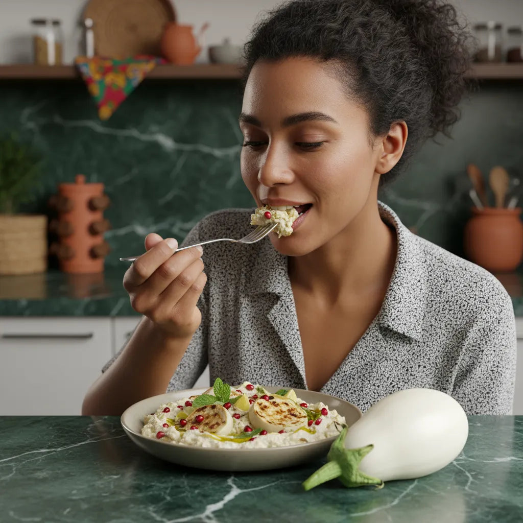 Femme dégustant un plat à base d’aubergine blanche africaine. Légume tendre et savoureux pour une cuisine saine et gourmande.