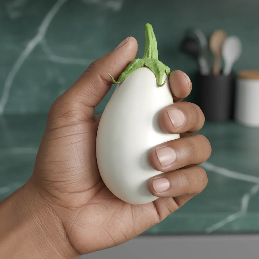 Main tenant une aubergine blanche africaine, mettant en valeur sa taille compacte et sa peau lisse. Produit frais et exotique.